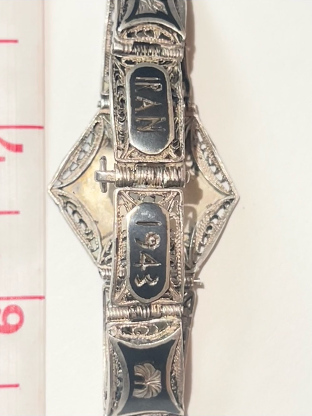 Authentic WWII 1943 "Iran" Sterling Silver Filigree & Niello Bracelet 5 1/2” - Picture 3 of 3